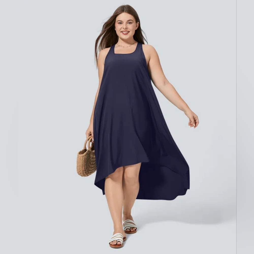 HALARA Navy Blue High-Low Midi Dress